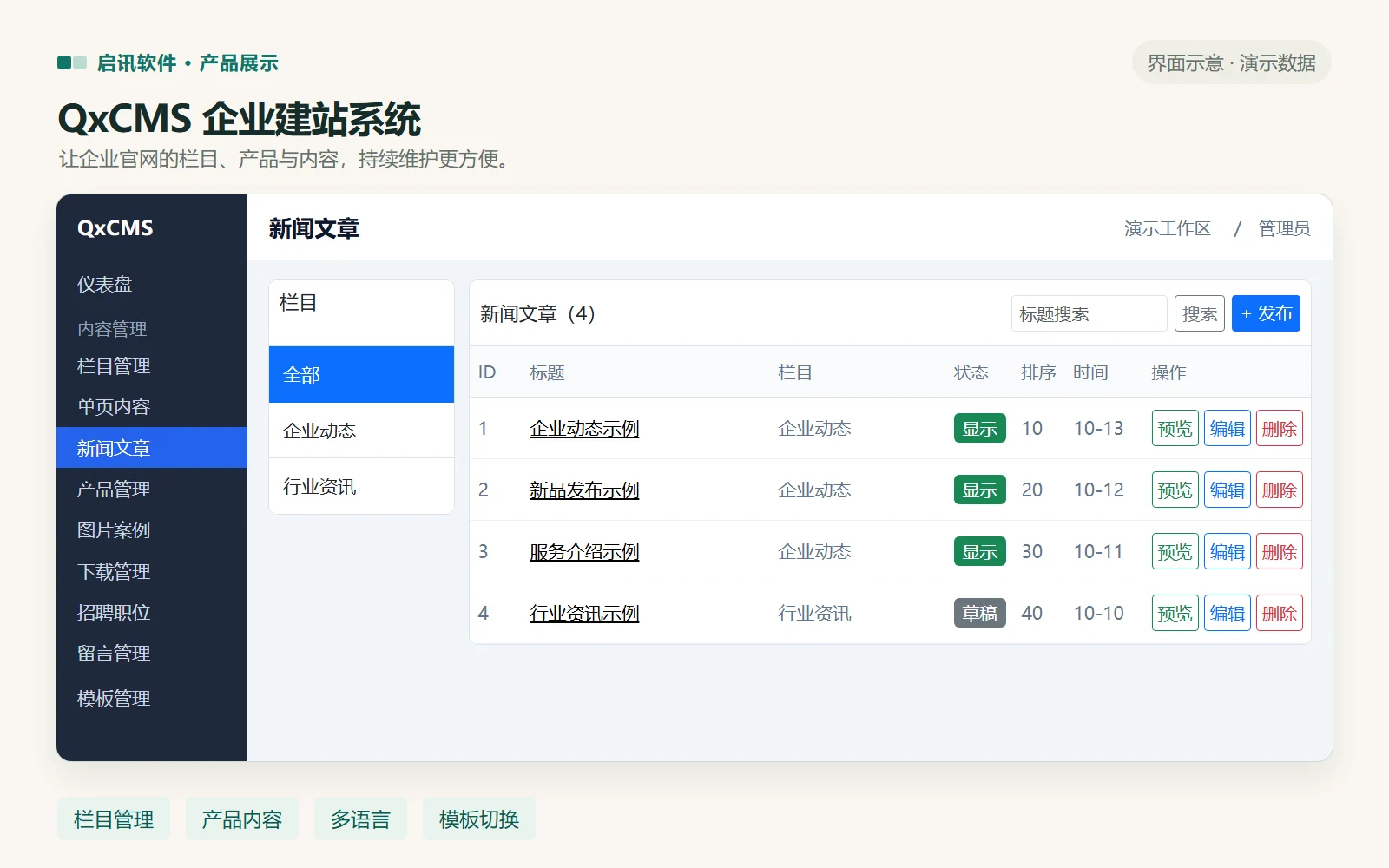 QxCMS 启讯企业建站系统企业官网内容管理界面示意