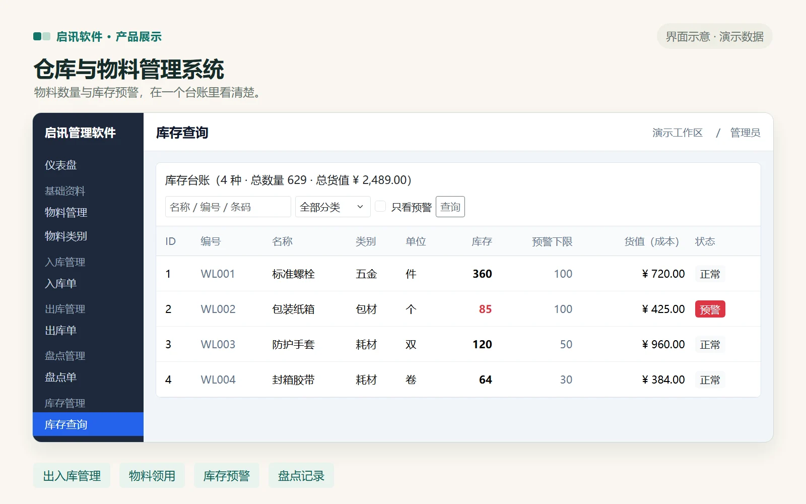 启讯仓库与物料管理系统库存台账界面示意
